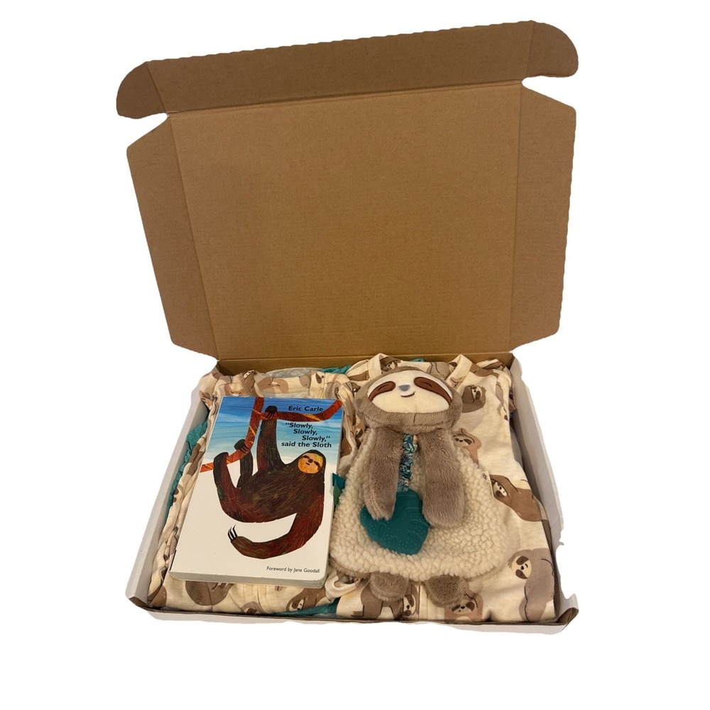 Unisex Baby Sloth Gift Box, Books, Pajamas, Loveys, Blanket, Newborn Animal Gift